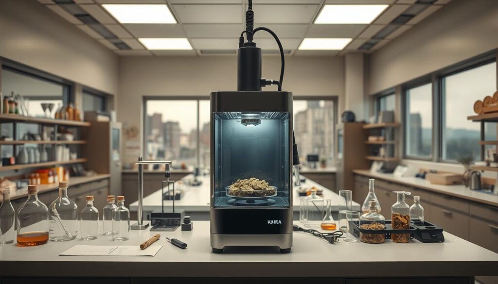 A clean, modern laboratory setting with innovative decarboxylation equipment prominently displayed in the foreground. Carefully arranged glassware, test tubes, and other scientific apparatus surround the main focal point. Muted, earthy tones create a professional, research-oriented atmosphere. Soft, diffused lighting from overhead sources illuminates the scene, casting subtle shadows and highlights. The middle ground features a sleek, minimalist workbench with various tools and materials, while the background showcases a panoramic view of the laboratory through large windows, emphasizing a sense of openness and exploration. The overall composition conveys a sense of scientific discovery and technological advancement in the field of alternative cannabis preparation methods.