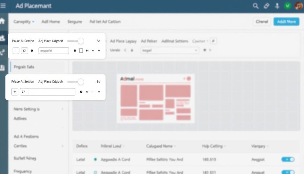 A clean, well-organized dashboard display showcasing the various ad placement controls and settings. The foreground features various toggles, sliders, and input fields for adjusting ad size, position, and frequency on a website. The middle ground shows a visual representation of the website layout with the ad placements highlighted. The background has a subtle grid pattern and soft, warm lighting to convey a sense of professionalism and usability. The overall mood is one of intuitive functionality, allowing the user to easily manage and optimize their ad strategy. A clean, well-organized dashboard display showcasing the various ad placement controls and settings. The foreground features various toggles, sliders, and input fields for adjusting ad size, position, and frequency on a website. The middle ground shows a visual representation of the website layout with the ad placements highlighted. The background has a subtle grid pattern and soft, warm lighting to convey a sense of professionalism and usability. The overall mood is one of intuitive functionality, allowing the user to easily manage and optimize their ad strategy.