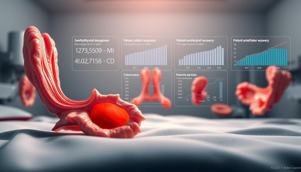 A clinical comparison of parathyroid surgery outcomes, showcased through a series of detailed medical illustrations. In the foreground, high-resolution renderings of the parathyroid glands and surrounding anatomy, meticulously depicted with anatomical precision. In the middle ground, concise data visualizations highlighting key surgical metrics and patient recovery timelines. The background bathes the scene in a soothing, clinical atmosphere, with muted tones and soft lighting that convey a sense of professionalism and expert care. Captured from multiple angles and perspectives to provide a comprehensive overview of the surgical procedure and its outcomes.