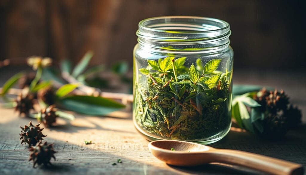 A close-up shot of a glass jar filled with a vibrant green herbal mixture, illuminated by warm, natural lighting. The contents are arranged neatly, with a wooden spoon resting alongside. The jar is placed on a rustic wooden surface, surrounded by earthy tones and subtle hints of botanicals, creating a soothing, minimalist atmosphere. The image captures the essence of the decarboxylation process, highlighting the simplicity and effectiveness of this alternative method without the use of an oven.