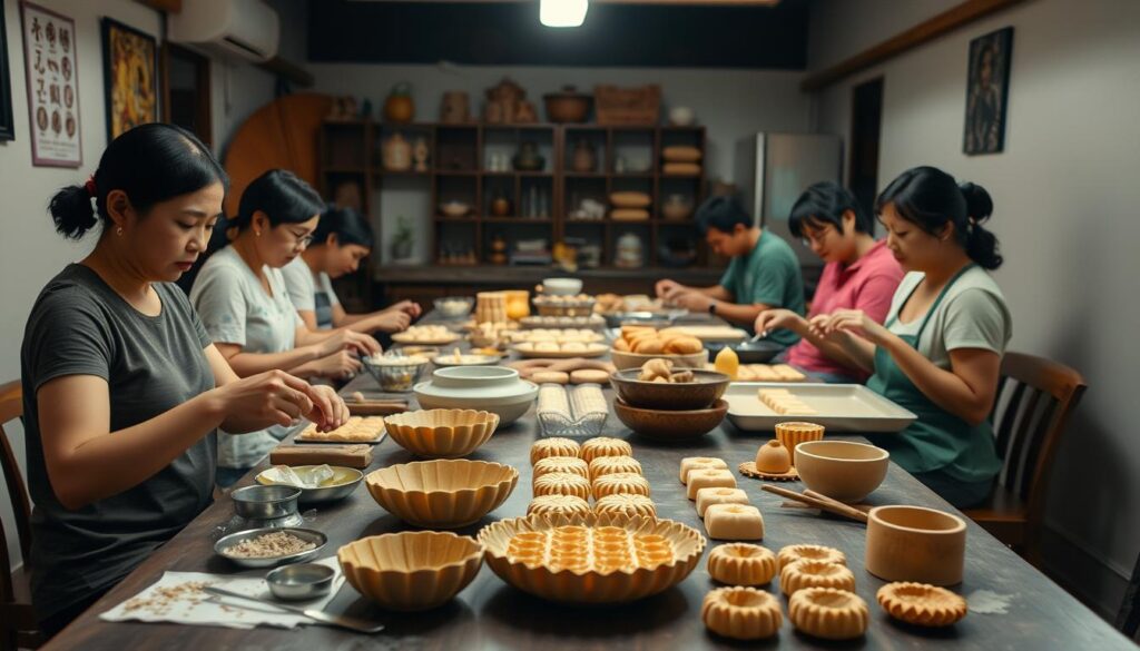 A cozy, well-lit workshop setting, with a group of people gathered around a long table, intently focused on the intricate art of kueh making. In the foreground, their nimble hands deftly shape and mold the delicate dough, creating intricate patterns and designs. The middle ground showcases an array of traditional kueh molds, tools, and ingredients, each with its own unique purpose. In the background, a warm, inviting ambiance sets the stage, with soft lighting and a sense of timeless tradition. The overall mood is one of concentration, collaboration, and a deep reverence for the time-honored techniques that give life to these beloved Singaporean desserts.