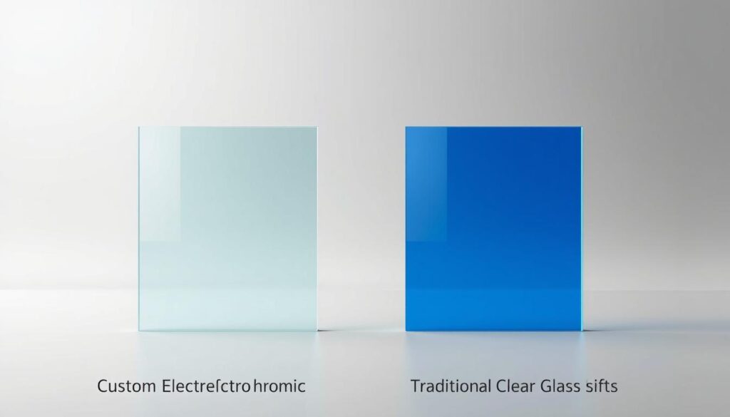 A detailed comparison of custom electrochromic and traditional glass panels, shot in a clean, well-lit studio setting. The foreground features two identical glass samples, one electrochromic and the other standard clear glass, arranged side-by-side. The middle ground showcases the dramatic tint shift of the electrochromic sample, from transparent to deep blue. The background depicts a neutral gray gradient, allowing the glass samples to be the central focus. Precise, high-resolution rendering with controlled lighting and camera angles to highlight the unique properties and visual differences between the two glass solutions. A detailed comparison of custom electrochromic and traditional glass panels, shot in a clean, well-lit studio setting. The foreground features two identical glass samples, one electrochromic and the other standard clear glass, arranged side-by-side. The middle ground showcases the dramatic tint shift of the electrochromic sample, from transparent to deep blue. The background depicts a neutral gray gradient, allowing the glass samples to be the central focus. Precise, high-resolution rendering with controlled lighting and camera angles to highlight the unique properties and visual differences between the two glass solutions.