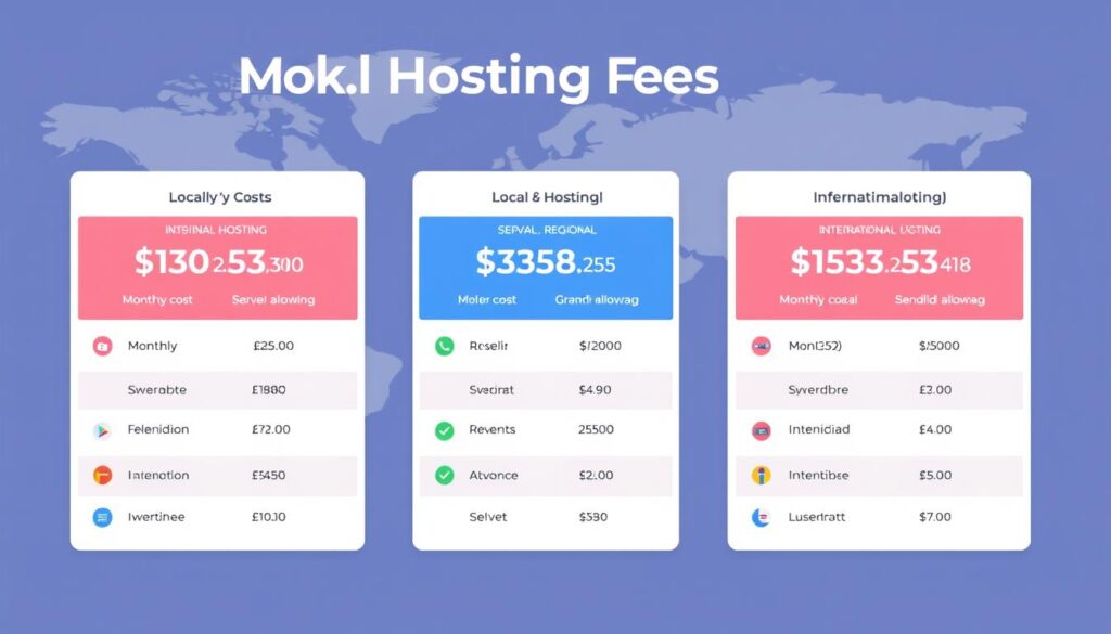 A detailed comparison of global hosting fees, displayed on a sleek and modern digital dashboard. The foreground features three columns showcasing the pricing structures of local, regional, and international hosting services, with clear data visualizations and icons. The middle ground highlights the key metrics like monthly cost, server capacity, and bandwidth allowance, inviting the viewer to make an informed decision. The background features a minimalist world map, subtly hinting at the global scope of the information presented. The overall tone is professional, data-driven, and designed to convey the relative costs of hosting options for the target audience.