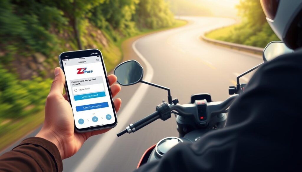 A detailed illustration of a motorcycle rider setting up their EZ Pass account on a mobile device. In the foreground, the rider's hands hold a sleek, modern smartphone with the EZ Pass app interface displayed. The middle ground features the motorcycle itself, a powerful but agile model, capturing the rider's mode of transportation. The background showcases a winding road flanked by lush greenery, conveying a sense of motion and freedom. The lighting is soft and natural, creating a warm, inviting atmosphere. The composition is balanced, with a focus on the key steps of the account setup process, showcasing the simplicity and convenience of the EZ Pass system for motorcycle users. A detailed illustration of a motorcycle rider setting up their EZ Pass account on a mobile device. In the foreground, the rider's hands hold a sleek, modern smartphone with the EZ Pass app interface displayed. The middle ground features the motorcycle itself, a powerful but agile model, capturing the rider's mode of transportation. The background showcases a winding road flanked by lush greenery, conveying a sense of motion and freedom. The lighting is soft and natural, creating a warm, inviting atmosphere. The composition is balanced, with a focus on the key steps of the account setup process, showcasing the simplicity and convenience of the EZ Pass system for motorcycle users.