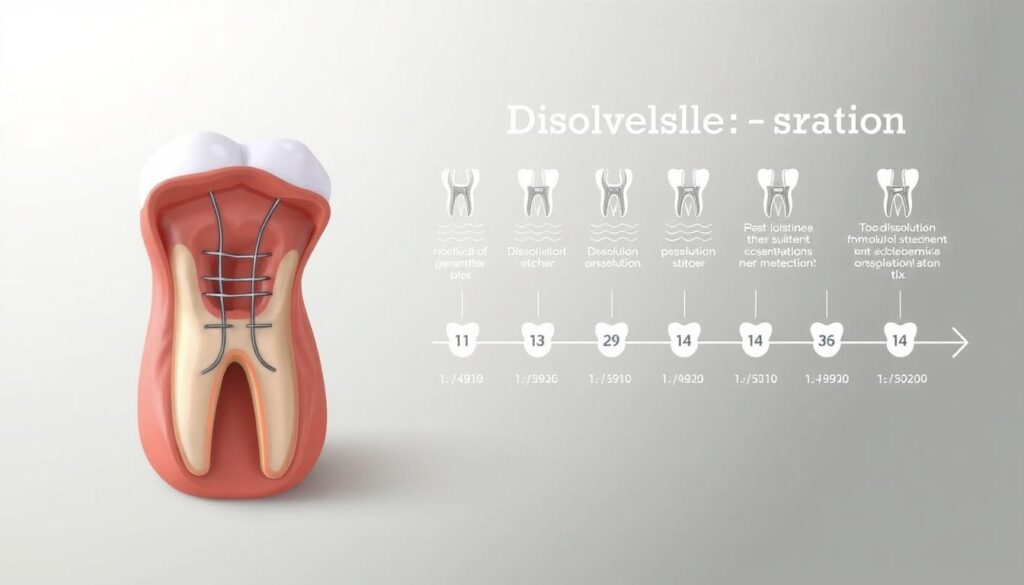 A detailed illustration of the tooth extraction healing process, depicting the timeline of dissolvable stitches. In the foreground, a close-up view of a healing tooth socket, showcasing the gradual dissolution of stitches over time. In the middle ground, a schematic timeline charting the stages of stitch dissolution, from initial placement to complete resorption. The background features a soft, neutral color palette that enhances the medical and informative nature of the scene. Crisp, high-resolution rendering with a focus on accurate anatomical details and a clean, professional aesthetic.