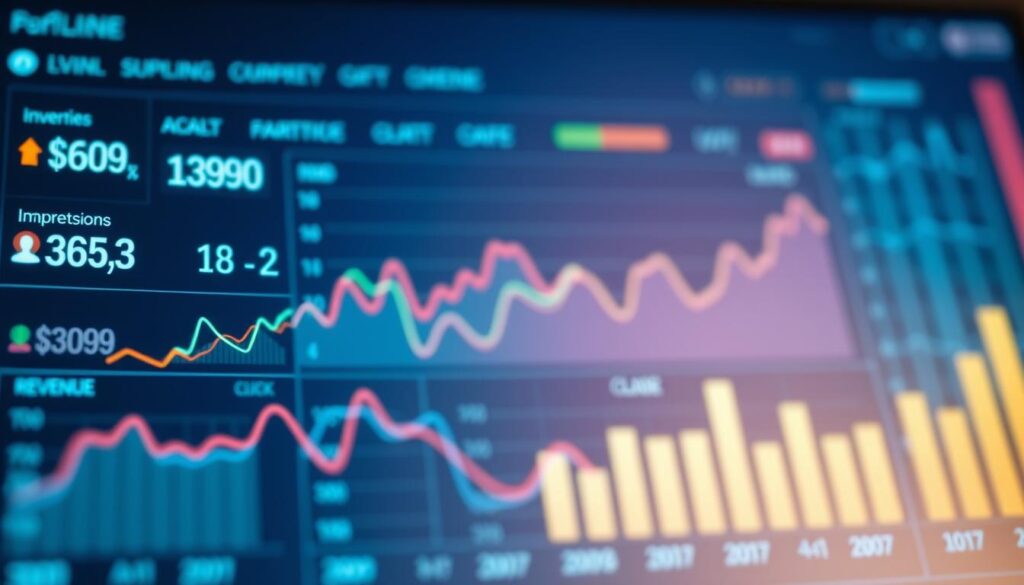 A detailed performance chart depicting the troubleshooting of an online advertising campaign. In the foreground, a sleek dashboard showcases fluctuating metrics like impressions, clicks, and revenue. The midground features line graphs and bar charts illustrating trends over time, while the background depicts a subtle grid-like layout evocative of analytical software. The lighting is clean and crisp, with a hint of digital luminescence. The composition is balanced, with the chart elements arranged in a logical, easy-to-interpret manner. The overall mood is one of analytical clarity, empowering the viewer to optimize their advertising strategy. A detailed performance chart depicting the troubleshooting of an online advertising campaign. In the foreground, a sleek dashboard showcases fluctuating metrics like impressions, clicks, and revenue. The midground features line graphs and bar charts illustrating trends over time, while the background depicts a subtle grid-like layout evocative of analytical software. The lighting is clean and crisp, with a hint of digital luminescence. The composition is balanced, with the chart elements arranged in a logical, easy-to-interpret manner. The overall mood is one of analytical clarity, empowering the viewer to optimize their advertising strategy.