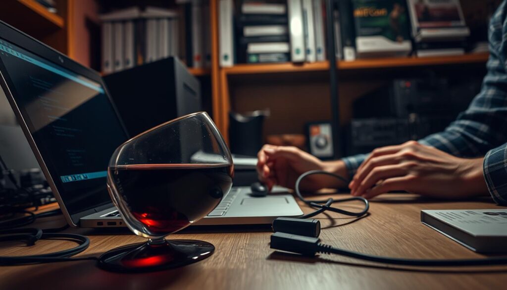 A dimly lit home office workspace, with a laptop and various computer components strewn about. In the foreground, a glass of red wine has tipped over, spilling its contents onto the desk. Focused on troubleshooting the issue, the user's hands are visible, examining the laptop's network adapter and cables. The background features shelves of technical manuals and software packages, suggesting a dedicated computing environment. The lighting is moody, with warm tones and shadows, creating a contemplative atmosphere as the user methodically works to resolve the wine-related disruption to their system.