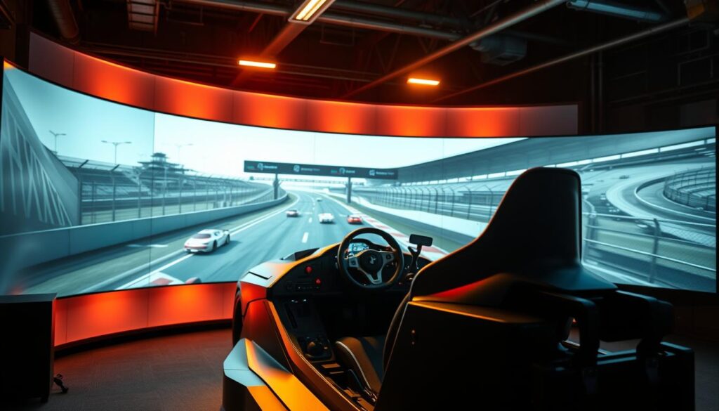 A futuristic, high-tech motorsports simulation experience, with a state-of-the-art F1 racing simulator rig prominently displayed in the foreground. The simulator cockpit is meticulously detailed, with realistic controls, steering wheel, and racing seat. Soft, warm lighting illuminates the scene, casting dramatic shadows and highlights across the sleek, aerodynamic design. In the middle ground, a large, curved display screen shows a hyper-realistic, immersive racetrack, with cars jockeying for position. The background features a dimly lit, industrial-style setting, with exposed metal beams and pipes, suggesting a professional, cutting-edge facility dedicated to the art of motorsports simulation.