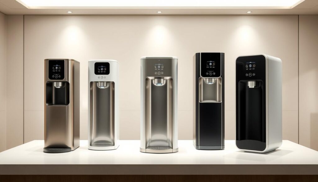 A high-resolution, detailed comparison image of various pou water dispenser models in Singapore. The foreground features three distinct dispenser designs displayed side-by-side from multiple angles, showcasing their unique shapes, materials, and control panels. The middle ground shows the dispensers' water flow mechanisms, while the background depicts a clean, minimalist interior setting with subtle lighting to highlight the products. The overall mood is one of technical precision and consumer-focused design, inviting the viewer to closely inspect and compare the key features of these premium water dispenser models.