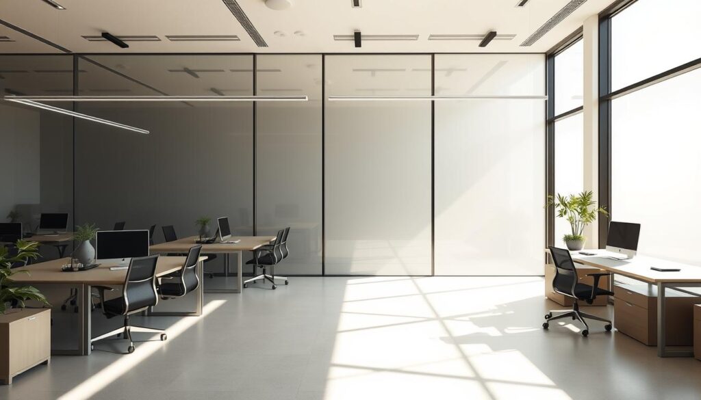 A modern, energy-efficient office interior with a large window showcasing PDLC smart glass technology. The window transitions from clear to opaque, demonstrating the dynamic control of light and privacy. Sunlight streams through the transparent glass, illuminating the sleek, minimalist workspace. Desks, chairs, and equipment are arranged in a functional, ergonomic layout. Muted color tones and natural materials create a calming, productive atmosphere. The PDLC glass seamlessly blends with the overall design, highlighting its practical and aesthetic benefits for an eco-conscious Singapore home or office. A modern, energy-efficient office interior with a large window showcasing PDLC smart glass technology. The window transitions from clear to opaque, demonstrating the dynamic control of light and privacy. Sunlight streams through the transparent glass, illuminating the sleek, minimalist workspace. Desks, chairs, and equipment are arranged in a functional, ergonomic layout. Muted color tones and natural materials create a calming, productive atmosphere. The PDLC glass seamlessly blends with the overall design, highlighting its practical and aesthetic benefits for an eco-conscious Singapore home or office.