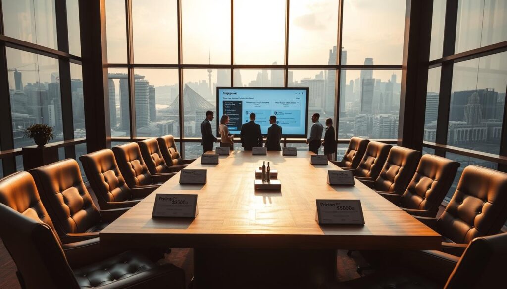 A modern office interior with large windows overlooking the Singapore skyline. In the foreground, a wooden conference table is surrounded by plush leather chairs, each with a nameplate and pricing information. In the middle ground, a team of event planners is gathered, discussing pricing scenarios and options on a large digital display. The lighting is warm and natural, casting a soft glow over the scene. The background features a panoramic view of the cityscape, with skyscrapers and iconic landmarks visible in the distance. The overall atmosphere conveys a sense of professionalism, collaboration, and attention to detail in the event planning process.