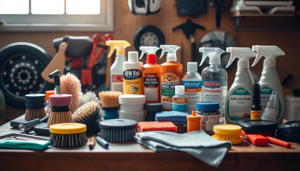 A neatly arranged workbench showcases an assortment of DIY ATV cleaning tools. In the foreground, various brushes, sponges, and microfiber cloths stand ready for scrubbing and polishing. The middle ground features a collection of specialized ATV cleaning solutions, sprays, and degreasers in labeled bottles. In the background, an ATV part or component, such as a wheel or headlight, provides context and suggests the workshop setting. Soft, natural lighting from a window or overhead fixture casts a warm, inviting glow across the scene, highlighting the tools' textures and colors. The overall atmosphere conveys a sense of organized efficiency, ready to revive the original luster of an ATV's weathered plastic components.