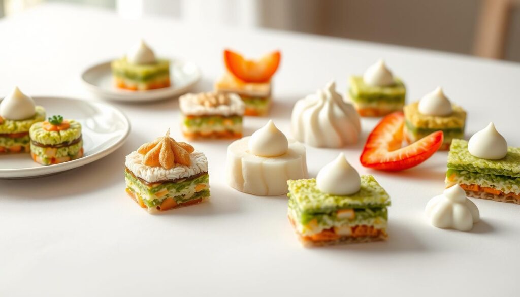 A pristine white table setting showcases an artistic arrangement of traditional Singaporean kueh. Delicate, colorful layers of pandan-infused glutinous rice, vibrant tropical fruits, and dollops of silky coconut custard create a visually striking presentation. Soft, diffused lighting casts a warm, inviting glow, highlighting the intricate textures and intricate details of each kueh. The composition is balanced and symmetrical, with clean lines and negative space drawing the eye to the vibrant hues and elegant shapes. A modern, minimalist aesthetic complements the centuries-old heritage of these beloved local desserts, blending tradition and contemporary flair.