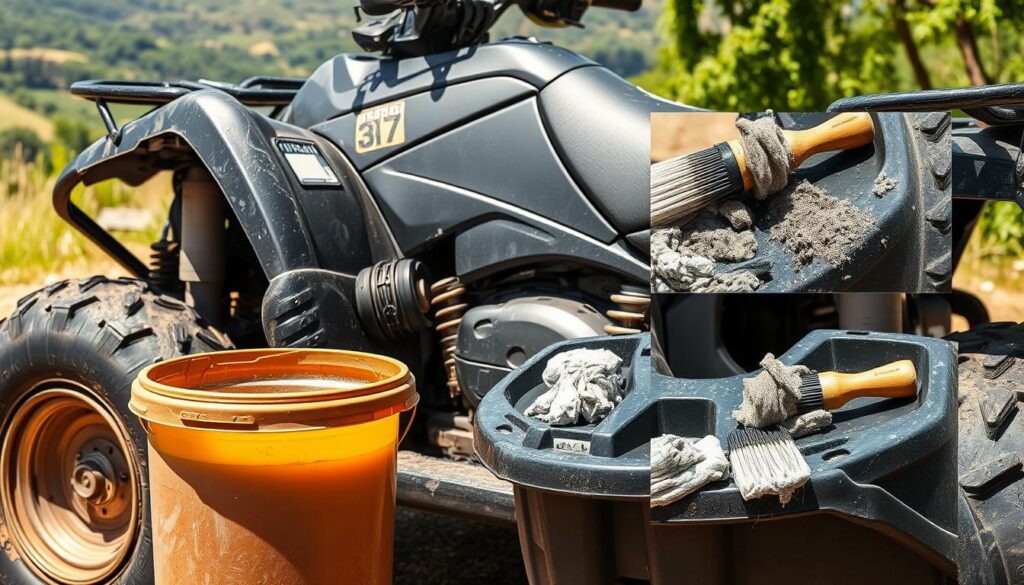A rugged, well-used ATV parked in a sunny, outdoor setting. The vehicle's matte black and metallic accents are dulled by accumulated grime and dust. In the foreground, a bucket of cleaning solution and an assortment of brushes and rags sit ready. The middle ground shows the detailed process of scrubbing the ATV's plastic components, carefully removing built-up dirt and restoring the original luster. The background features a verdant, natural landscape, hinting at the adventurous off-road activities the ATV is designed for. Warm, directional lighting casts gentle shadows, highlighting the textures and forms of the vehicle. An overall sense of purposeful, step-by-step restoration pervades the scene.