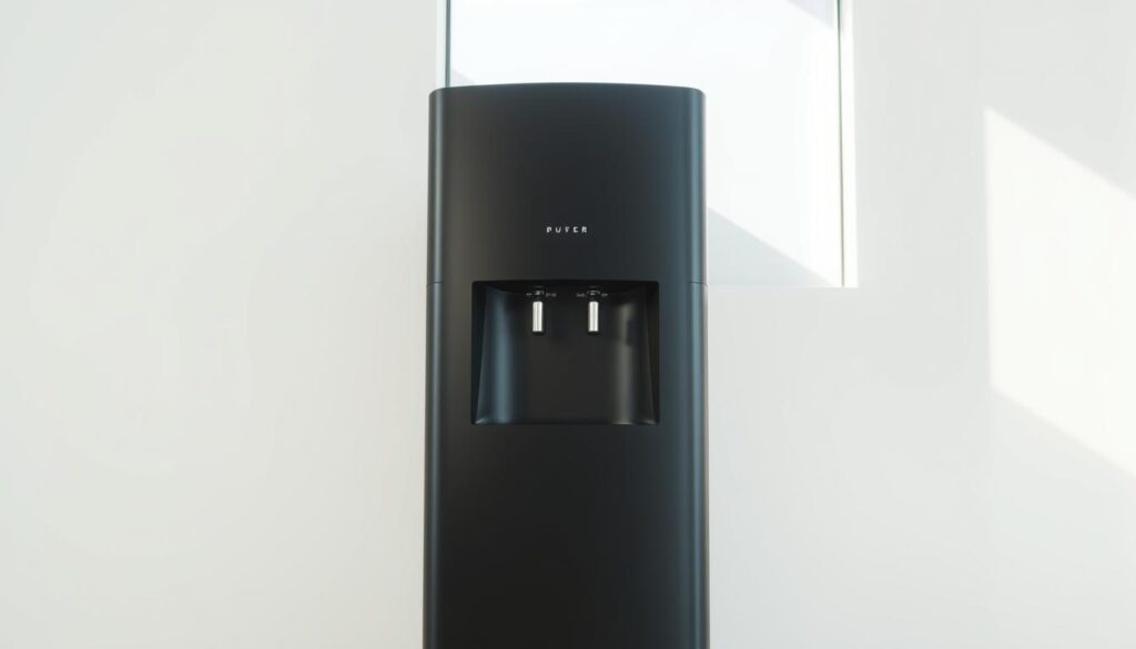 A sleek, energy-efficient water dispenser stands against a bright, minimalist background. Its modern, streamlined design features a matte black finish and clean lines that evoke a sense of efficiency and sophistication. The dispenser's control panel is intuitively laid out, with clear indicators for temperature and energy-saving mode. Sunlight streams in through a large window, casting a warm, natural glow over the scene and highlighting the dispenser's thoughtful, eco-friendly construction. The image conveys a sense of quiet, unobtrusive functionality - a water dispenser that seamlessly integrates into a sustainable, cost-conscious lifestyle.