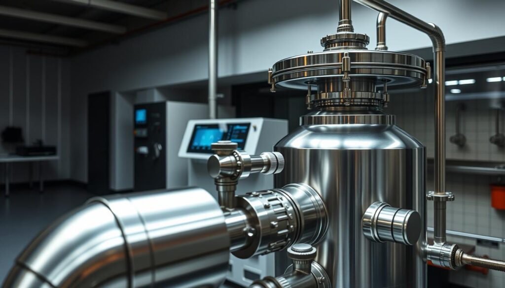 A sleek, futuristic grease separator optimized for efficient waste treatment. In the foreground, a gleaming metal contraption with intricate piping and valves, its streamlined design hinting at advanced engineering. The middle ground features a digital control panel, its screens displaying real-time data and performance metrics. In the background, a clean, minimalist industrial setting with subdued lighting, emphasizing the technology's cutting-edge nature. The overall mood is one of innovation and precision, with a sense of environmental responsibility conveyed through the separator's advanced functionality.