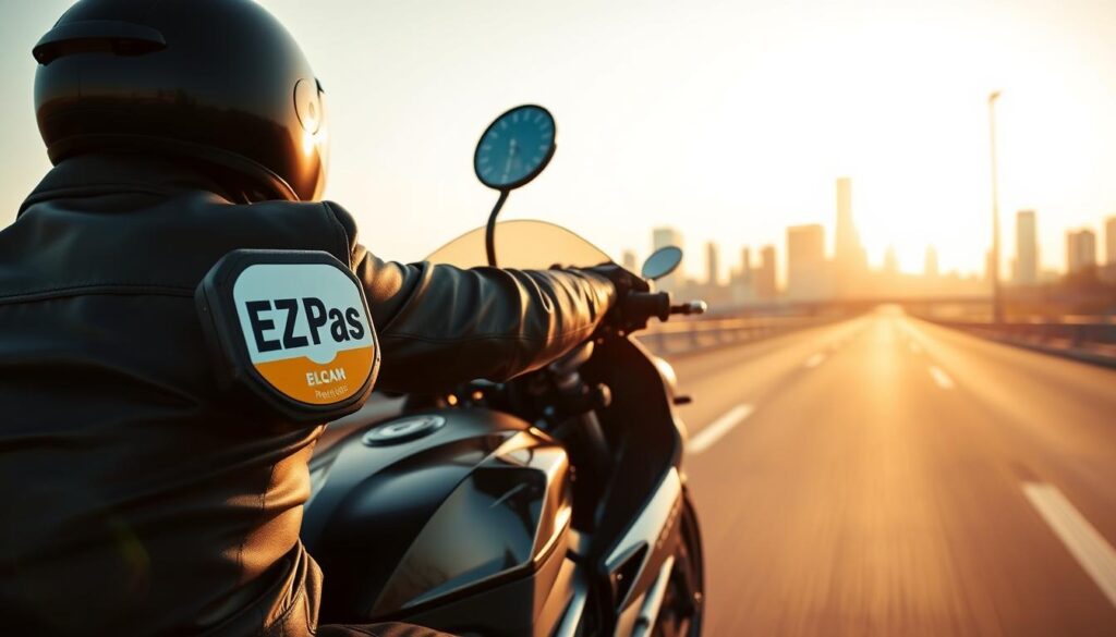 A sleek, modern motorcycle glides effortlessly through an urban landscape, its rider donning a helmet and leather jacket. In the foreground, a prominent EZ Pass transponder is mounted on the bike's windshield, symbolizing the seamless toll payment experience. The scene is bathed in warm, golden morning light, casting subtle shadows and highlighting the motorcycle's dynamic silhouette. In the background, the cityscape recedes, with skyscrapers and bridges suggesting the convenience of navigating busy roads with the ease of EZ Pass. This image conveys the advantages of EZ Pass for motorcyclists, showcasing the technology's integration into the rider's daily commute and the resulting efficiency and hassle-free travel. A sleek, modern motorcycle glides effortlessly through an urban landscape, its rider donning a helmet and leather jacket. In the foreground, a prominent EZ Pass transponder is mounted on the bike's windshield, symbolizing the seamless toll payment experience. The scene is bathed in warm, golden morning light, casting subtle shadows and highlighting the motorcycle's dynamic silhouette. In the background, the cityscape recedes, with skyscrapers and bridges suggesting the convenience of navigating busy roads with the ease of EZ Pass. This image conveys the advantages of EZ Pass for motorcyclists, showcasing the technology's integration into the rider's daily commute and the resulting efficiency and hassle-free travel.