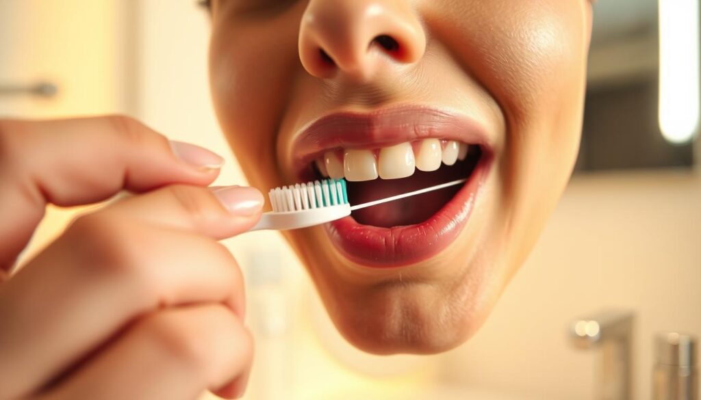 A well-lit, close-up photograph of a person's mouth and hands performing oral hygiene routines after a tooth extraction. The foreground shows the person gently brushing their teeth with a soft-bristled toothbrush, using gentle, circular motions. The middle ground focuses on a dental floss being carefully threaded between the teeth. The background features a clean, minimalist bathroom setting with a mirror and other essential oral care items. The lighting is warm and inviting, creating a calming, hygienic atmosphere. The overall composition and details aim to guide the viewer on proper post-extraction dental care.