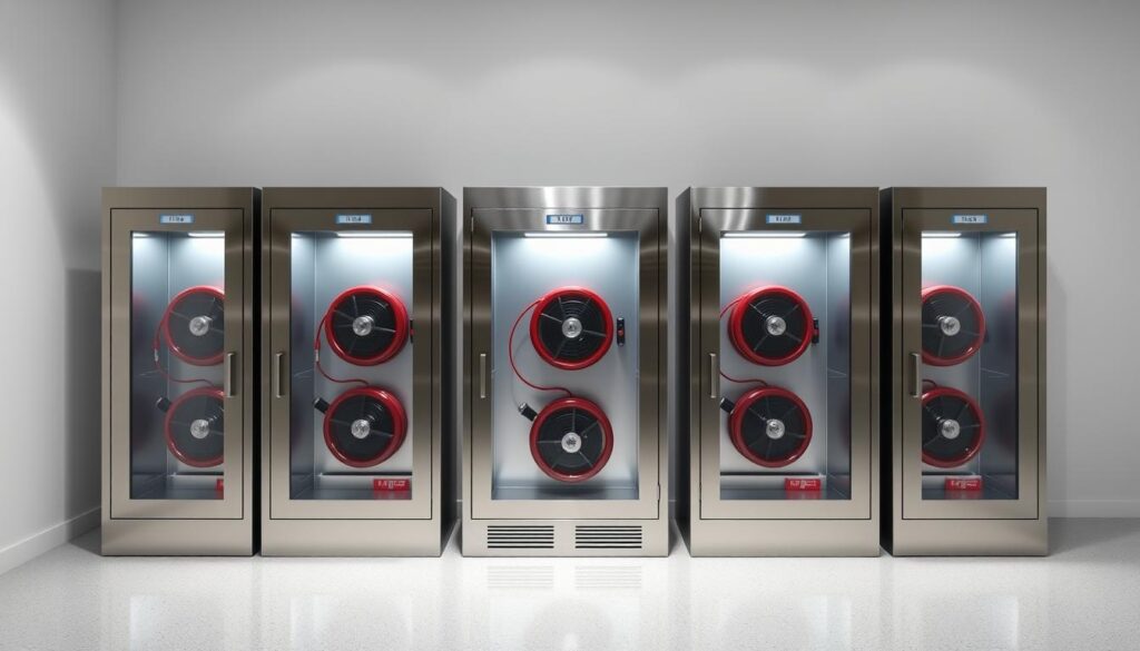 A well-lit, high-angle view of a set of sleek, modern fire cabinets made of stainless steel, with transparent glass doors showcasing the compliant fire hose reels within. The cabinets are neatly arranged against a clean, minimalist background, casting subtle shadows that convey a sense of depth and dimensionality. The lighting is bright and even, highlighting the cabinets' polished surfaces and lending an air of professionalism and compliance. The perspective emphasizes the cabinets' accessibility and visibility, conveying their role in meeting Singapore's fire safety regulations.