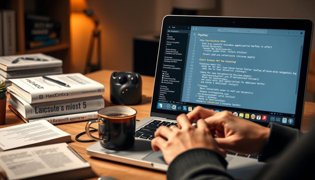 A well-lit, high-resolution image of a hacker's workspace, featuring a sleek MacBook Pro with a PlayOnMac window open, displaying meticulously organized debug logs. The foreground showcases the developer's nimble fingers typing commands into the terminal, optimizing the Wine environment for seamless Windows application integration. The middle ground highlights a collection of technical reference materials, including coding books and a strategically placed cup of coffee. The background subtly suggests a cozy, minimalist home office, with warm lighting and a sense of focus and productivity. The overall atmosphere conveys a thoughtful, methodical approach to problem-solving, reflecting the "Best Practices for Managing Windows Applications on Mac" section of the article.