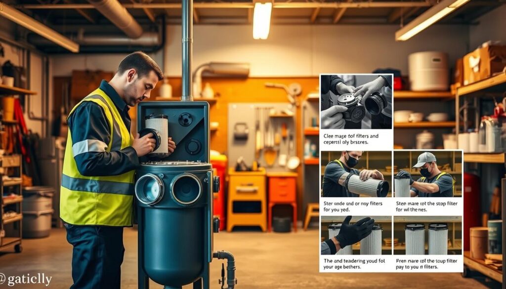 A well-lit workshop interior, with a centrally positioned grease separator unit. In the foreground, a technician in a safety vest is carefully inspecting the unit, examining the removable filter components. The middle ground showcases the step-by-step maintenance process, with the technician demonstrating the proper techniques for cleaning and replacing the filters. The background depicts various maintenance tools and supplies, neatly organized on shelves, conveying a sense of professionalism and attention to detail. The lighting is warm and inviting, creating a mood of diligence and care. The overall scene captures the essential maintenance steps for ensuring optimal performance of the grease separator, aligning with the focus of the article section.