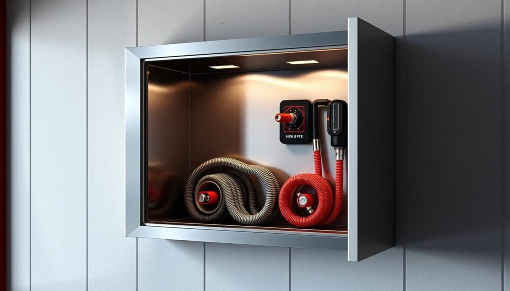 Innovative fire hose cabinet design, showcasing a sleek and modern aesthetic. A minimalist, rectangular structure made of brushed stainless steel, with clean lines and a recessed door panel. The cabinet is mounted flush against the wall, creating a seamless integration with the surrounding architecture. Soft, ambient lighting emanates from within, illuminating the high-quality hose and nozzle components neatly organized inside. The design prioritizes functionality, accessibility, and durability, making it a reliable and visually appealing addition to any commercial or industrial setting.