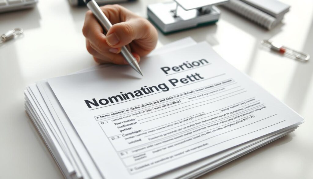 a detailed, high-resolution close-up image of a stack of paper documents labeled "Nominating Petition", with a person's hand filling out the forms using a pen. The documents are placed on a clean, well-lit desk, with a few office supplies like a stapler and paperclips in the background. The lighting is soft and natural, creating a sense of focus and clarity. The image conveys the official and administrative nature of the process, with a sense of attention to detail and precision.