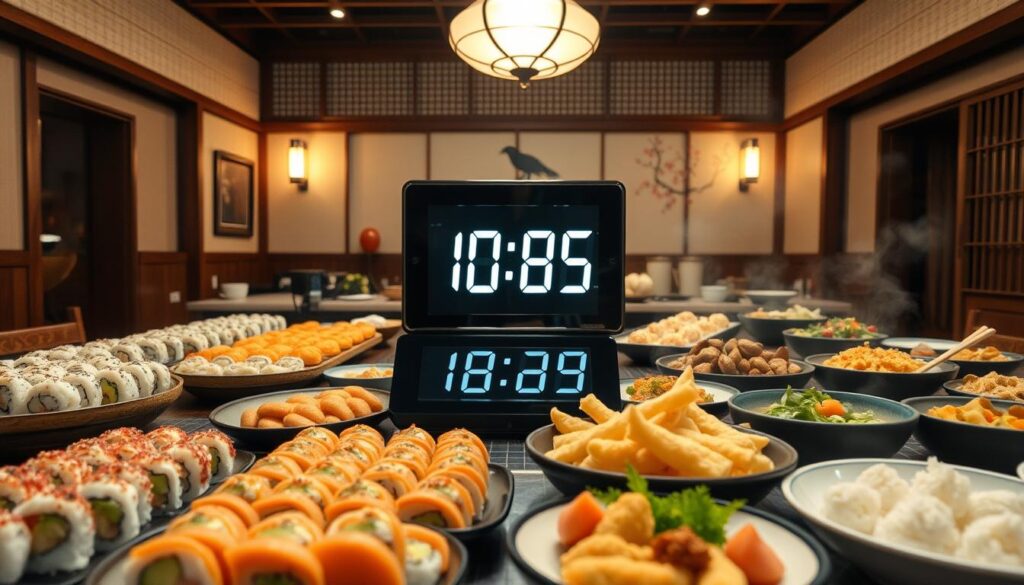 A Japanese-style buffet table set against a warm, inviting atmosphere. In the foreground, delicate sushi rolls, steaming tempura, and an array of colorful side dishes artfully arranged. In the middle ground, a large digital clock prominently displayed, highlighting the time limit. The background features a traditional Japanese-inspired interior with wooden accents, soft lighting, and a subtle cherry blossom motif. The overall scene conveys a sense of urgency and the need to savor each bite within the allotted time, creating an immersive and authentic Japanese buffet experience.