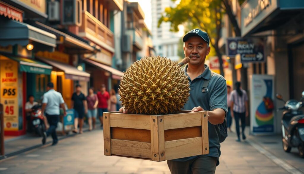 A Singapore street scene with a durian delivery service in the foreground. In the middle ground, a delivery person carefully carries a large durian fruit on a wooden crate, navigating through the bustling sidewalk. The background features colorful shophouses, pedestrians, and the characteristic architecture of a vibrant Southeast Asian city. Warm, natural lighting casts a golden glow, and the overall atmosphere conveys the thriving energy of a neighborhood durian hotspot. The composition emphasizes the prominence of the durian delivery, capturing the essence of this unique Singaporean culinary tradition.