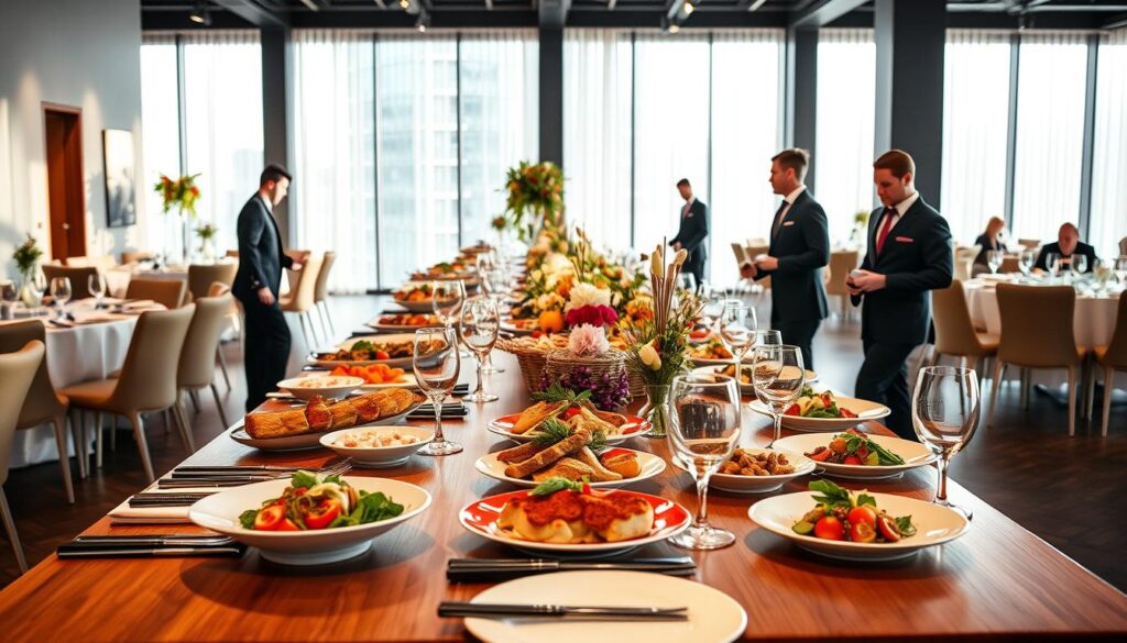 A beautifully catered event with a lavish spread of gourmet dishes laid out on a long wooden table, adorned with elegant place settings, fresh flowers, and sparkling glassware. The table is set against a backdrop of a modern, minimalist event space with floor-to-ceiling windows, letting in natural light that casts a warm, inviting glow. Waitstaff in crisp, professional attire move gracefully, ensuring the guests' every need is met. The overall atmosphere exudes a sophisticated, high-end ambiance, perfectly suited for an exclusive corporate gathering or a luxurious private celebration.