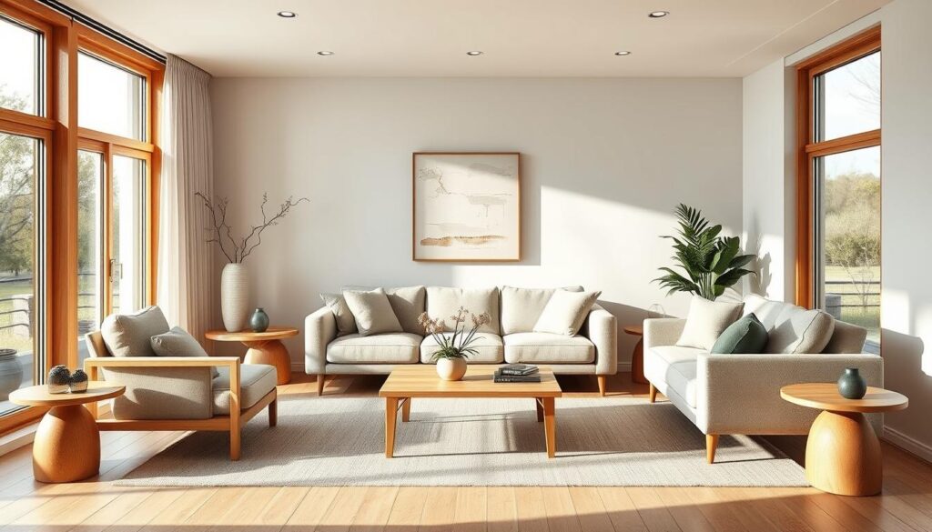 A beautifully crafted Scandinavian living room, bathed in warm natural light filtering through large windows. Sleek, minimalist furniture in light wood and neutral fabrics - a plush sofa, armchair, and coffee table - arranged in a harmonious layout. Subtle textures and clean lines create an atmosphere of sophisticated elegance. Accents of greenery and a tasteful abstract artwork on the wall complete the refined, high-end aesthetic. The scene exudes a sense of calm, comfort, and understated luxury.