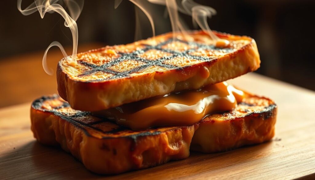 A beautifully crafted charcoal-grilled kaya french toast, its golden-brown exterior beckoning the senses. The bread, lightly toasted, exudes a captivating aroma, while the rich, silky kaya spread glistens invitingly. Wisps of smoke curl around the dish, hinting at the careful charring that has imbued the toast with a delectable smoky flavor. Bathed in warm, golden light, the scene evokes a cozy, intimate ambiance, perfect for savoring this renowned Singaporean delicacy. The composition is framed by a minimalist, uncluttered background, allowing the toast to take center stage and capture the essence of this "Charcoal-Grilled Perfection."