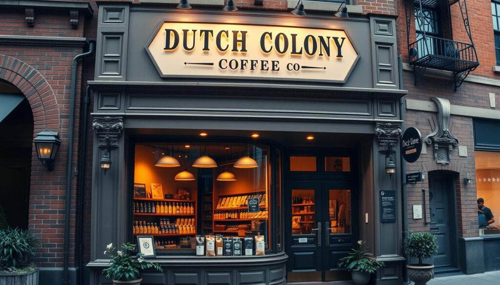 A beautifully designed vintage-style storefront of the Dutch Colony Coffee Co., a celebrated single-origin coffee roaster in a quaint urban setting. The facade features intricate brickwork, ornate moldings, and a large display window showcasing the company's artisanal coffee products. Warm lighting casts a cozy glow, inviting passersby to step inside and immerse themselves in the rich aroma of freshly roasted beans. Potted plants and subtle signage add to the charming, neighborhood feel, creating an atmosphere of authentic craftsmanship and community. The overall composition conveys a sense of timeless elegance and the unwavering commitment to quality that defines the Dutch Colony Coffee Co.