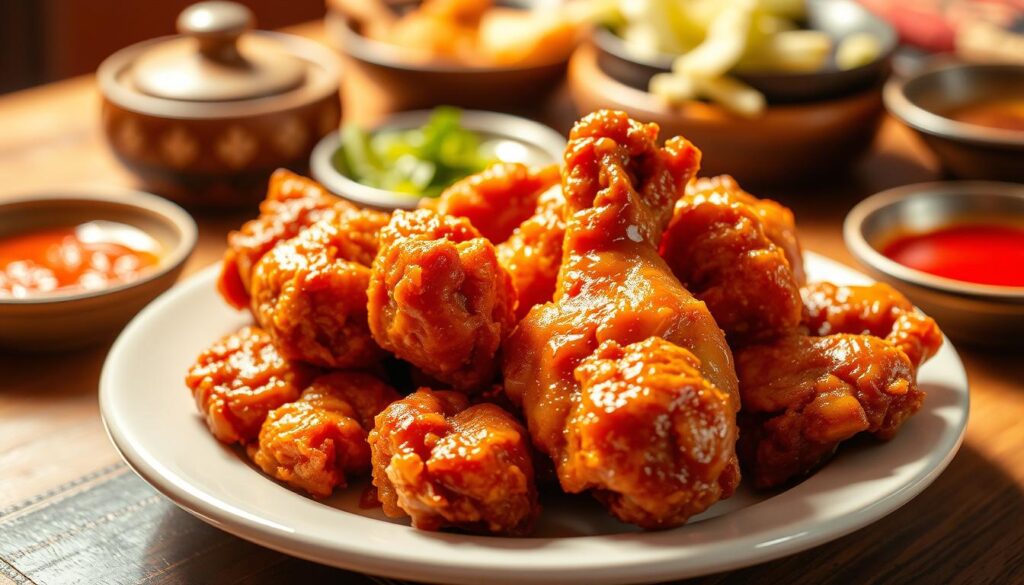 A beautifully lit close-up of a plate of authentic Korean fried chicken, golden-brown and glistening, the crispy skin perfectly complementing the juicy, tender meat within. In the foreground, the chicken pieces are arranged artfully, the rich, caramelized glaze catching the light and reflecting the vibrant hues of the accompanying sauces and garnishes. The middle ground features a subtle background of traditional Korean tableware and textiles, providing a cultural context. The lighting is warm and inviting, casting a soft, natural glow over the scene and creating a mouthwatering, appetizing atmosphere.