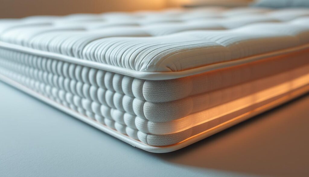 A beautifully lit close-up of a pocketed spring mattress, showcasing the intricate internal structure. The mattress is positioned on a clean, minimalist background, with soft, diffused lighting illuminating the individual coils and providing a sense of depth and dimension. The shot is angled to highlight the precise engineering and thoughtful design, conveying a premium, high-quality aesthetic that would appeal to discerning mattress shoppers. The overall composition and attention to detail creates a visually striking and informative image to complement the "Expert-Recommended Mattresses" section of the article.