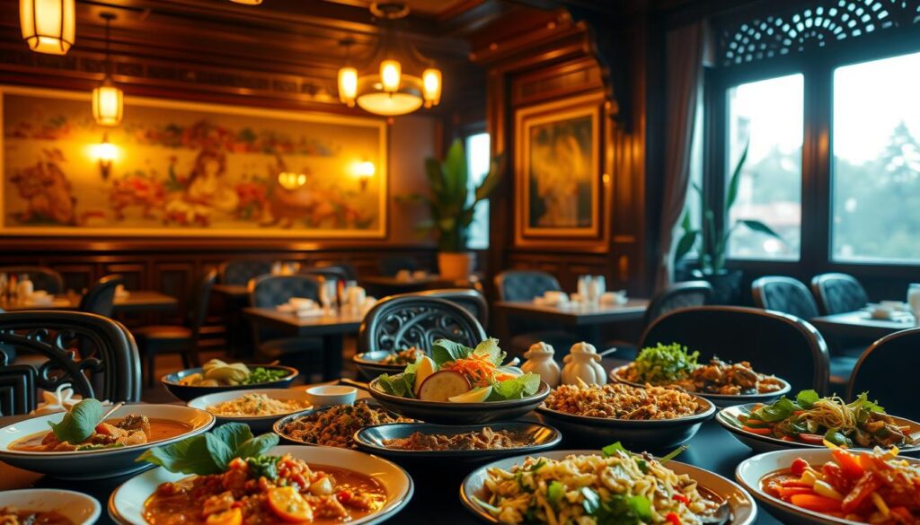 A beautifully lit, intimate dining room at Diandin Leluk Thai Restaurant. The warm, golden glow of pendant lights casts a cozy ambiance over the intricately carved wooden furniture and intricate Thai artwork adorning the walls. In the foreground, a sumptuous spread of traditional Thai dishes - fragrant curries, sizzling stir-fries, and colorful salads - await hungry diners, promising a legacy of authentic, time-honored flavors. Soft, diffused light filters through large windows, illuminating the vibrant greens and vibrant reds of the freshly prepared ingredients. The overall scene exudes a sense of timeless elegance and a reverence for the culinary traditions that have defined Diandin Leluk's enduring reputation.