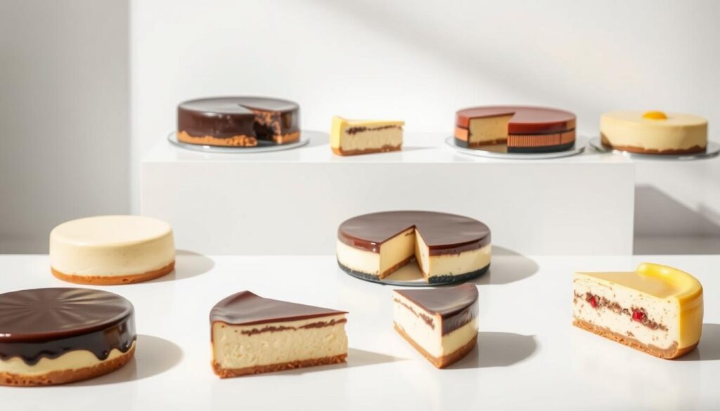 A beautifully lit scene showcasing whole cheesecakes and slices in a modern, minimalist setting. In the foreground, a selection of creamy, decadent cheesecakes in various flavors, such as classic New York-style, rich chocolate, and tangy lemon. The cakes are arranged on a sleek, white surface, casting soft shadows. In the middle ground, a few slices of cheesecake are presented, revealing their mouthwatering layers and textures. The background is a simple, clean environment with subtle, even lighting, allowing the cakes to be the central focus. The overall atmosphere is one of elegance, quality, and attention to detail, reflecting the tips for choosing the perfect cheesecake.