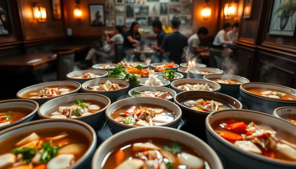 A bountiful collection of fish soup bowls, their steaming contents radiating an inviting aroma. The foreground features an array of ceramic bowls, each filled with a vibrant, simmering broth teeming with fresh, tender seafood. The middle ground showcases a variety of colorful garnishes and condiments, artfully arranged to complement the soup's flavors. In the background, a dimly lit, cozy restaurant setting with wooden accents and soft lighting creates an intimate, authentic atmosphere, transporting the viewer to the heart of Singapore's bustling culinary scene. Captured with a shallow depth of field, the image emphasizes the rich textures and sumptuous details of these quintessential fish soup delights.