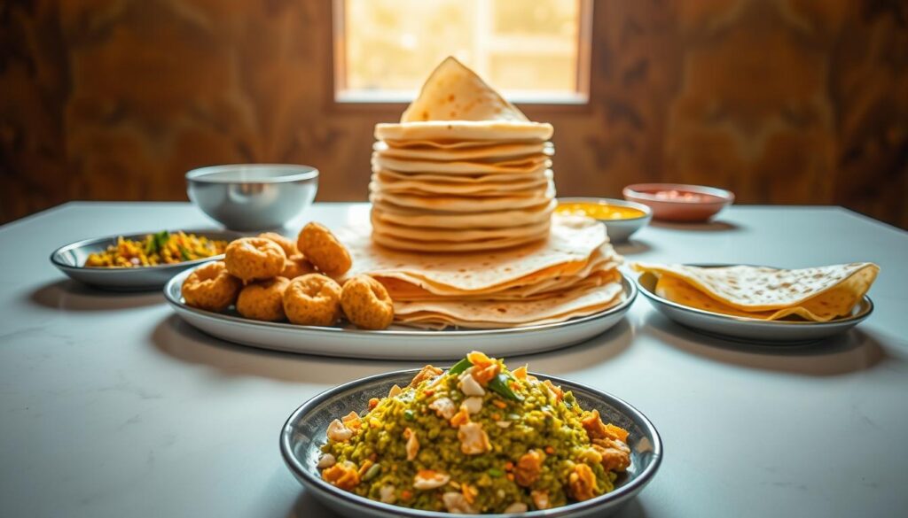 A bountiful display of modern South Indian cuisine, artfully arranged on a sleek, minimalist table. In the foreground, a vibrant green podi with toasted coconut and mustard seeds, accompanied by an array of crisp, golden poriyal fritters. The middle ground features a towering dosa, its delicate crepe exterior giving way to a savory, spiced potato filling. Framing the scene, a backdrop of rich, earthy tones evokes the warmth and vibrancy of a South Indian kitchen, illuminated by soft, natural lighting that casts a gentle glow across the scene. The overall composition exudes a harmonious blend of tradition and innovation, inviting the viewer to savor the best of contemporary South Indian culinary delights.