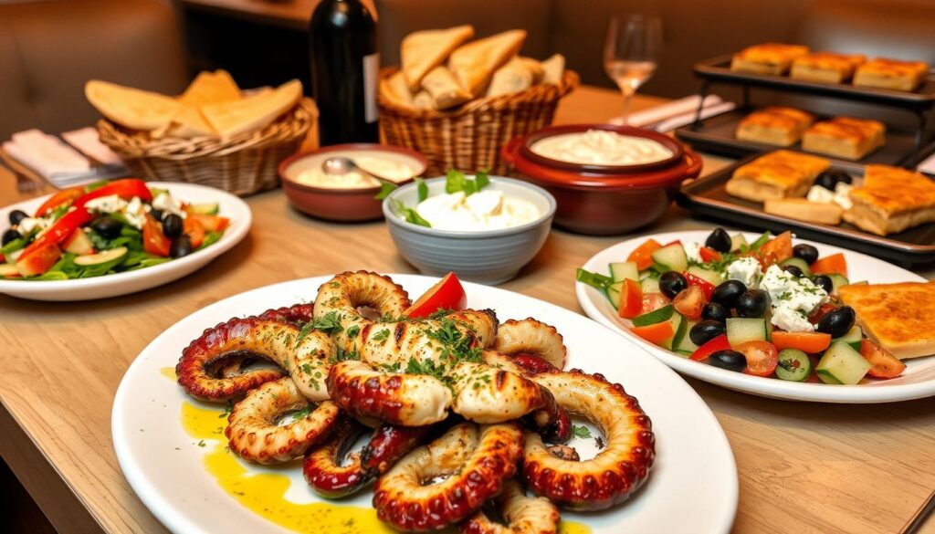 A bountiful spread of Mediterranean dishes graces the table in a warm, inviting setting. In the foreground, a platter of freshly grilled octopus, drizzled with olive oil and sprinkled with fragrant herbs. Beside it, a vibrant Greek salad overflows with juicy tomatoes, crisp cucumbers, tangy feta, and briny kalamata olives. In the middle ground, a basket of fluffy pita bread and a bowl of creamy hummus beckon, while in the background, a bottle of robust red wine and a tray of baklava glisten under the soft, golden lighting. The atmosphere exudes a casual, convivial vibe, capturing the essence of the Lolla restaurant's Mediterranean flavors in Singapore's Ann Siang neighborhood.
