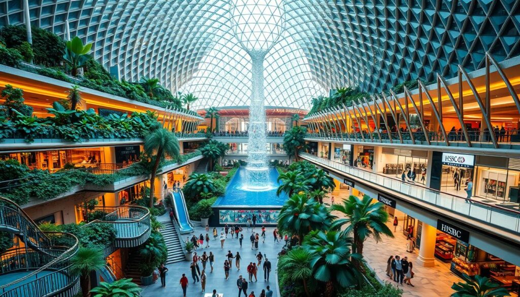 A breathtaking, high-resolution image of the Jewel Changi Airport shopping wonderland. In the foreground, a vast, airy atrium filled with lush greenery, cascading waterfalls, and gleaming, modern architecture. Shoppers leisurely stroll through the bustling concourses, admiring the high-end designer boutiques, gourmet restaurants, and interactive attractions. In the middle ground, the iconic HSBC Rain Vortex, the world's tallest indoor waterfall, creates a mesmerizing display of light and sound. The background showcases the striking, glass-and-steel exterior of the Jewel, bathed in warm, natural lighting that filters through the intricate, latticed facade. The scene exudes a sense of tranquility, wonder, and the perfect blend of nature and urban sophistication that defines the Jewel Changi Airport experience.