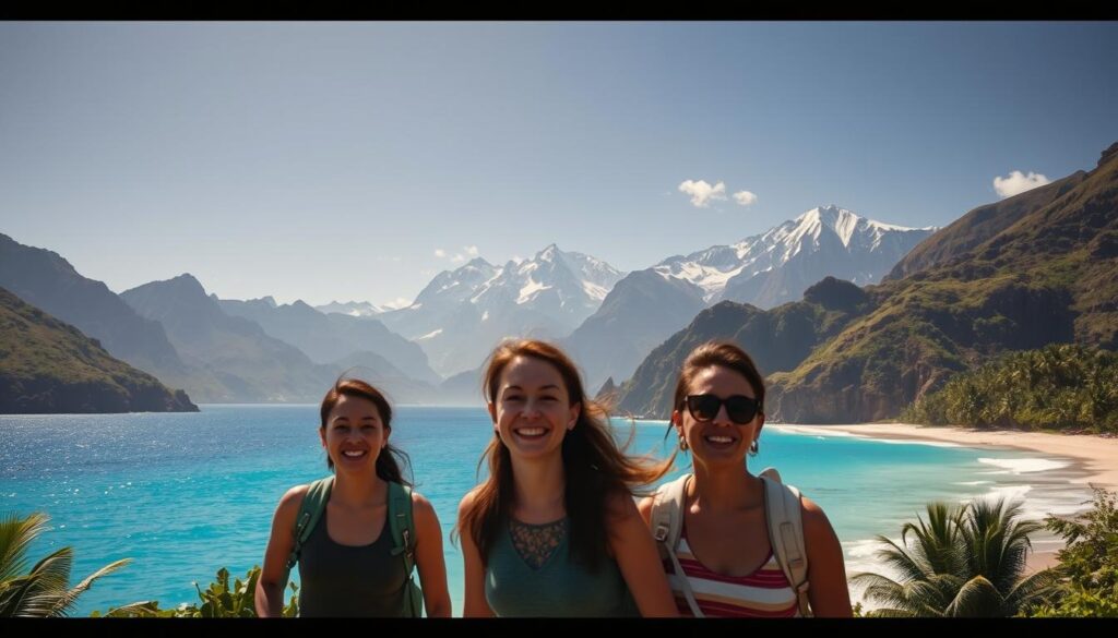 A breathtaking landscape showcasing the signature experiences of CTC Travel. In the foreground, a group of travelers explore a lush, tropical paradise, their faces alight with wonder. Mid-ground, a serene, azure ocean laps against pristine, white-sand beaches. In the background, majestic, snow-capped mountains rise, bathed in the warm glow of the sun. The scene is captured with a wide-angle lens, emphasizing the scale and grandeur of the destination. Soft, diffused lighting creates a sense of tranquility and wonder, inviting the viewer to imagine themselves immersed in this idyllic setting. The overall mood is one of adventure, discovery, and the joy of exploring the world's most captivating destinations with CTC Travel.