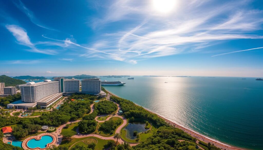 A breathtaking panoramic view of Sentosa Island, Singapore's premier resort destination. In the foreground, the iconic Resorts World Sentosa complex stands tall, its modern architecture bathed in warm, golden sunlight. The middle ground features the lush, tropical greenery of the island's landscaping, with winding paths and serene bodies of water. In the background, the sparkling waters of the Singapore Strait stretch out, dotted with distant sailboats and cruise ships. The sky is a brilliant azure, with wispy clouds casting soft shadows across the scene. A sense of adventure and leisure permeates the atmosphere, inviting visitors to explore the island's thrilling attractions and immerse themselves in the island's natural beauty.