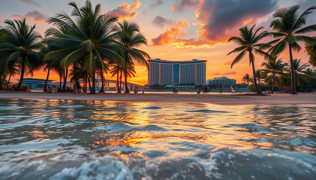 A breathtaking sunset over the pristine shores of Sentosa Island, Singapore. In the foreground, crystalline waves gently lap against the golden sand, inviting visitors to sink their toes into the warm embrace of the tropical paradise. The middle ground features lush, swaying palm trees, casting soft shadows on the beach-goers below, who bask in the glow of the setting sun. In the background, the iconic Resorts World Sentosa complex stands tall, its sleek architecture and vibrant lights reflecting off the calm waters, creating a mesmerizing display. Soft, warm lighting bathes the scene, evoking a sense of tranquility and relaxation, perfectly capturing the essence of the idyllic "OneVasco" experience.