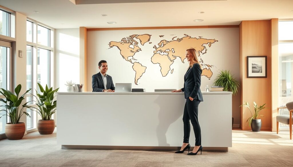 A bright, welcoming office interior with a sleek, modern reception desk. The desk is manned by a friendly, professional-looking travel agent who is assisting a well-dressed, happy customer. Behind them, a large world map adorns the wall, symbolizing the agency's global reach. Soft, natural lighting filters in through large windows, creating a warm, inviting atmosphere. The floor is lined with plush, luxurious carpeting, and tasteful decor elements like potted plants and artwork add a touch of sophistication. The overall scene conveys a sense of trust, expertise, and a commitment to providing an exceptional travel planning experience.