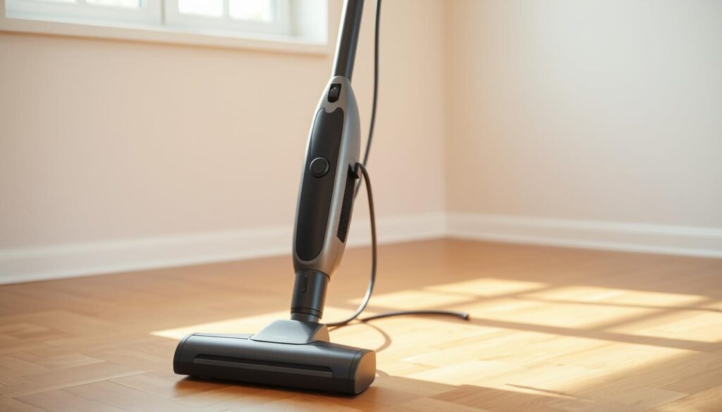 A budget vacuum cleaner standing on a hardwood floor, illuminated by soft, natural lighting from a window. The cleaner has a sleek, minimalist design with a matte black or gray finish, featuring a compact, lightweight body and user-friendly controls. The cord is neatly coiled, ready for easy maneuvering. In the background, a simple, uncluttered room with neutral-toned walls creates a sense of clean, practical efficiency, reflecting the budget-friendly yet reliable nature of the vacuum cleaner.