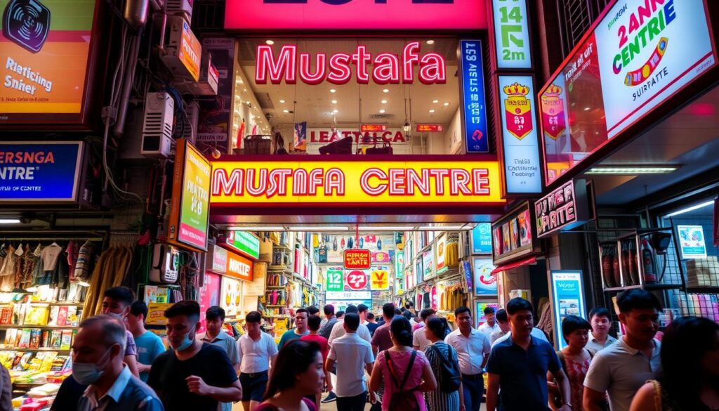 A bustling 24-hour shopping complex, Mustafa Centre in Singapore shines with vibrant lights and bustling crowds. The scene captures the storefront's colorful facade, adorned with neon signs and an array of goods spilling out onto the sidewalk. Shoppers hurry through the entrance, their expressions a mix of excitement and determination as they navigate the maze of stalls and boutiques. The atmosphere is electric, with the hum of conversation and the occasional jingle of a cash register. Towering shelves and displays showcase an endless variety of merchandise, from electronics to apparel to household items. Warm, diffused lighting creates a welcoming ambiance, inviting visitors to lose themselves in the retail wonderland that is Mustafa Centre.