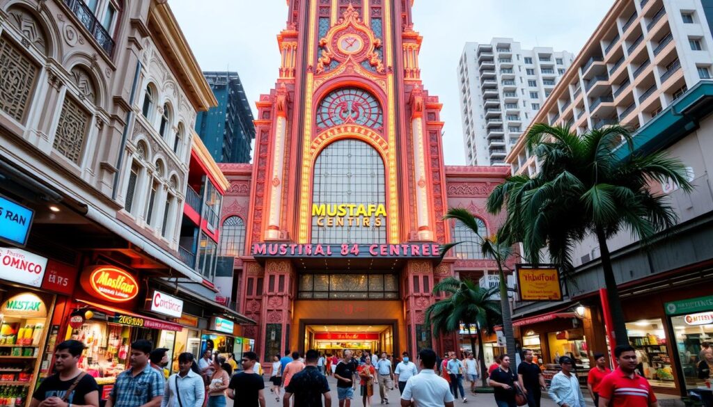 A bustling 24-hour shopping mecca in Singapore's vibrant Little India district, Mustafa Centre is captured in this image. The towering, neon-lit facade commands attention, flanked by intricate architectural details and a lively street scene. In the foreground, pedestrians hurry past colorful storefronts and vendor stalls, creating a dynamic, bustling atmosphere. The middle ground features the grand entrance, with its ornate pillars and glowing signage inviting shoppers inside the sprawling retail complex. The background showcases the vibrant neighborhood, with lush palm trees and the iconic HDB flats that characterize Singapore's urban landscape. Warm, diffused lighting casts a welcoming glow, conveying the 24/7 accessibility and energy of this iconic shopping destination.