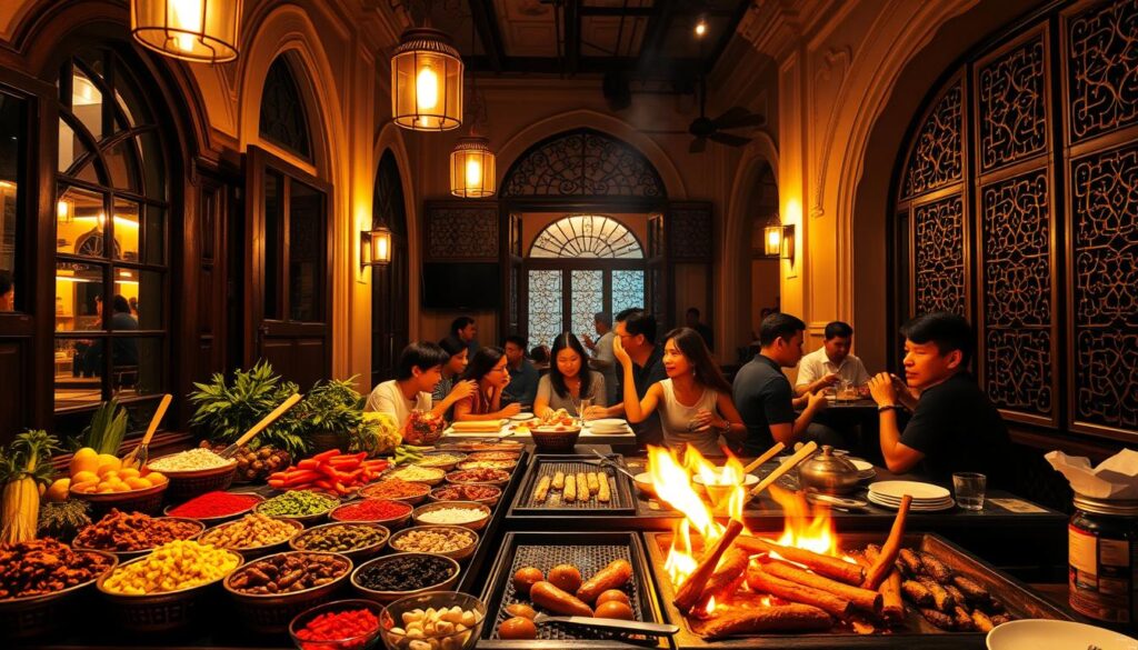 A bustling Arab street restaurant in the heart of Singapore, bathed in warm evening light. In the foreground, an inviting display of vibrant spices, colorful produce, and sizzling grills. At the center, a group of diners enjoying a lively meal, their faces aglow with delight. In the background, intricate architectural details like ornate window frames and carved wooden screens evoke the rich cultural heritage. The scene exudes an atmospheric blend of aromatic flavors, lively chatter, and a sense of culinary adventure, capturing the essence of Oud Restaurant's Southeast Asian flavors with a contemporary twist. A bustling Arab street restaurant in the heart of Singapore, bathed in warm evening light. In the foreground, an inviting display of vibrant spices, colorful produce, and sizzling grills. At the center, a group of diners enjoying a lively meal, their faces aglow with delight. In the background, intricate architectural details like ornate window frames and carved wooden screens evoke the rich cultural heritage. The scene exudes an atmospheric blend of aromatic flavors, lively chatter, and a sense of culinary adventure, capturing the essence of Oud Restaurant's Southeast Asian flavors with a contemporary twist.