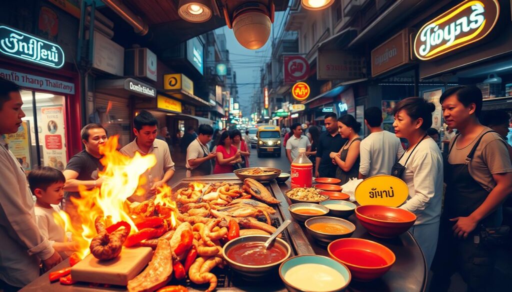 A bustling Bangkok street scene, with a vibrant mookata grill at the center. The foreground showcases the sizzling meats, seafood, and array of dipping sauces, inviting diners to partake in the interactive cooking experience. In the middle ground, patrons gather around the communal table, chatting animatedly and relishing the mouthwatering aromas. The background depicts the lively street, with colorful buildings, neon signs, and the occasional passing tuk-tuk, creating an immersive, authentic Thai atmosphere. Warm, diffused lighting casts a golden glow, heightening the convivial mood. The scene is captured with a wide-angle lens, emphasizing the energy and communal spirit of this iconic Bangkok street food tradition.